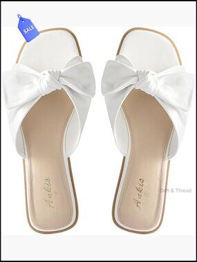 Womens Bow Flat Sandals Dressy - Slip On Square Open Toe Slide Sandals Summer